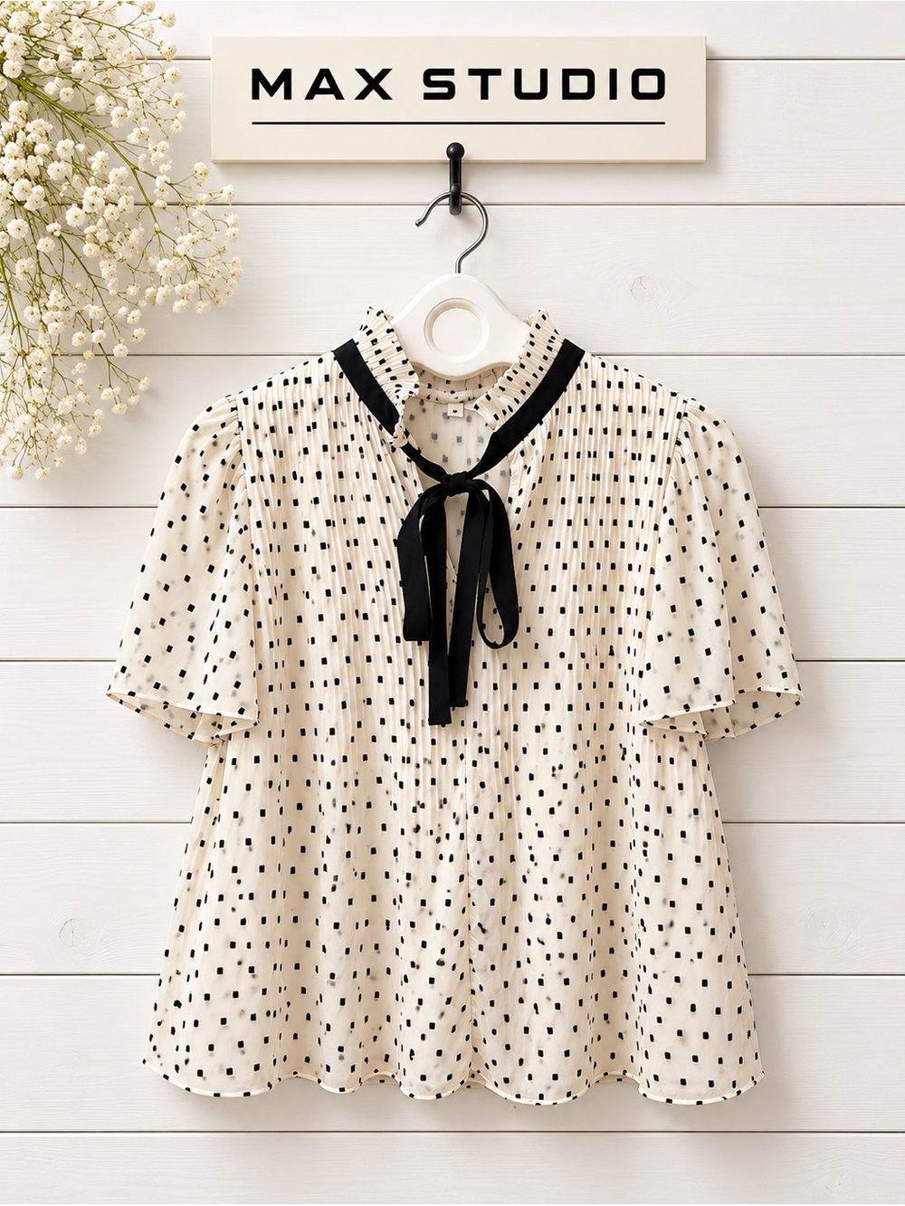 MAX STUDIO Cream & Black Swiss Dot Blouse Size M